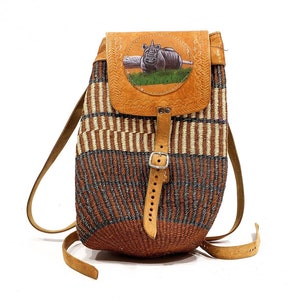 VINTAGE: Woven Sisal and Leather Backpack - Hand Painted Rhino - Natural Woven Bag - SKU Tub-26