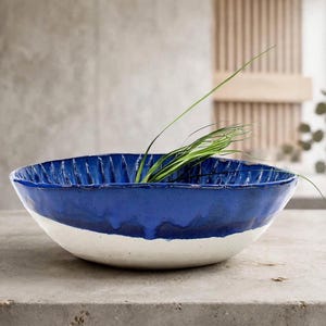 May include: A round ceramic bowl featuring a deep blue glazed interior with vertical ribbed textures and a contrasting matte white exterior. The bowl has a distinct drip-style transition between the blue and white sections and contains green grass.