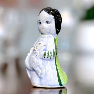 VINTAGE: Mexican Ceramic Hand Painted Figurine - Girl Holding Sheep - Christmas Decor - Nativity - SKU 15-C2-00010269