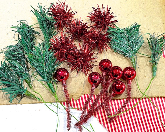 VINTAGE: Red and Green Christmas Craft Finds Christmas Tree Greenery Picks,  Plastic Bulb Picks, Metallic Pompom Picks Corsage Arrangements 