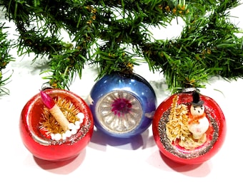 VINTAGE: 1950's - 3 Early Japanese Indent Diorama Mercury Glass Ornaments - Christmas Ornaments - Maid in Japan - (Tub-404-00006865)