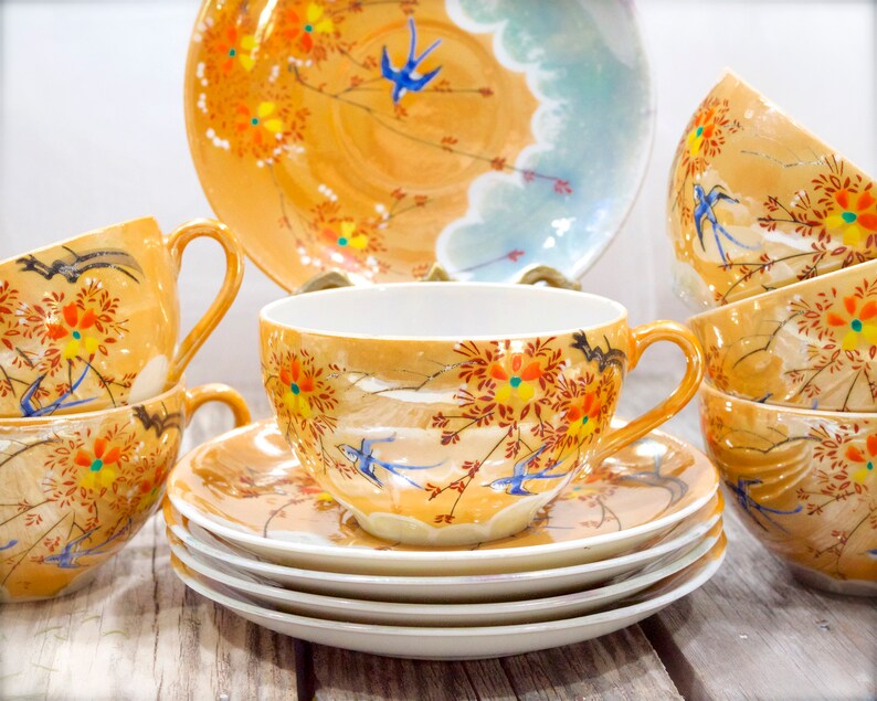 VINTAGE: 4 Sets Hand Painted Lustware Cup and Saucer Japan Hand Painted SKU 32-D-00016768 画像 4