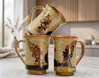 Vintage Mexican Pottery Mugs (Set of 3) - Floral Folk Art