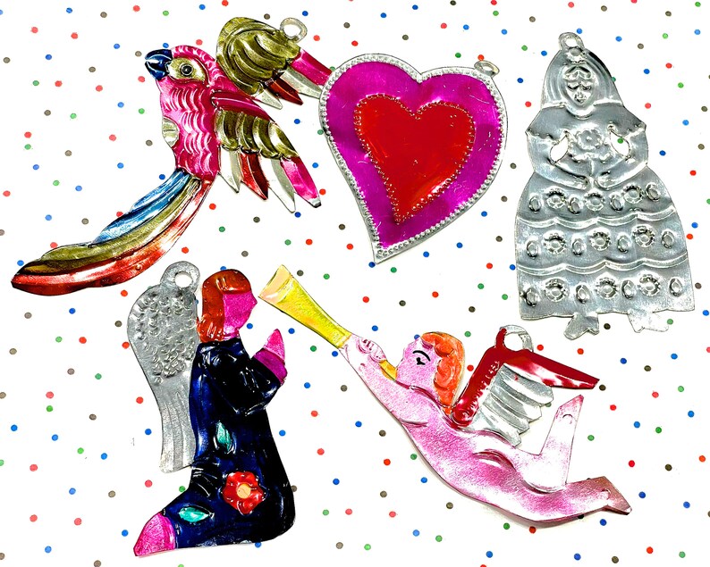 VINTAGE: 5pcs Mexican Folk Art Tin Ornaments Handcrafted Angel Heart Bride Bird Christmas Holiday Mexico Gift Tag image 4