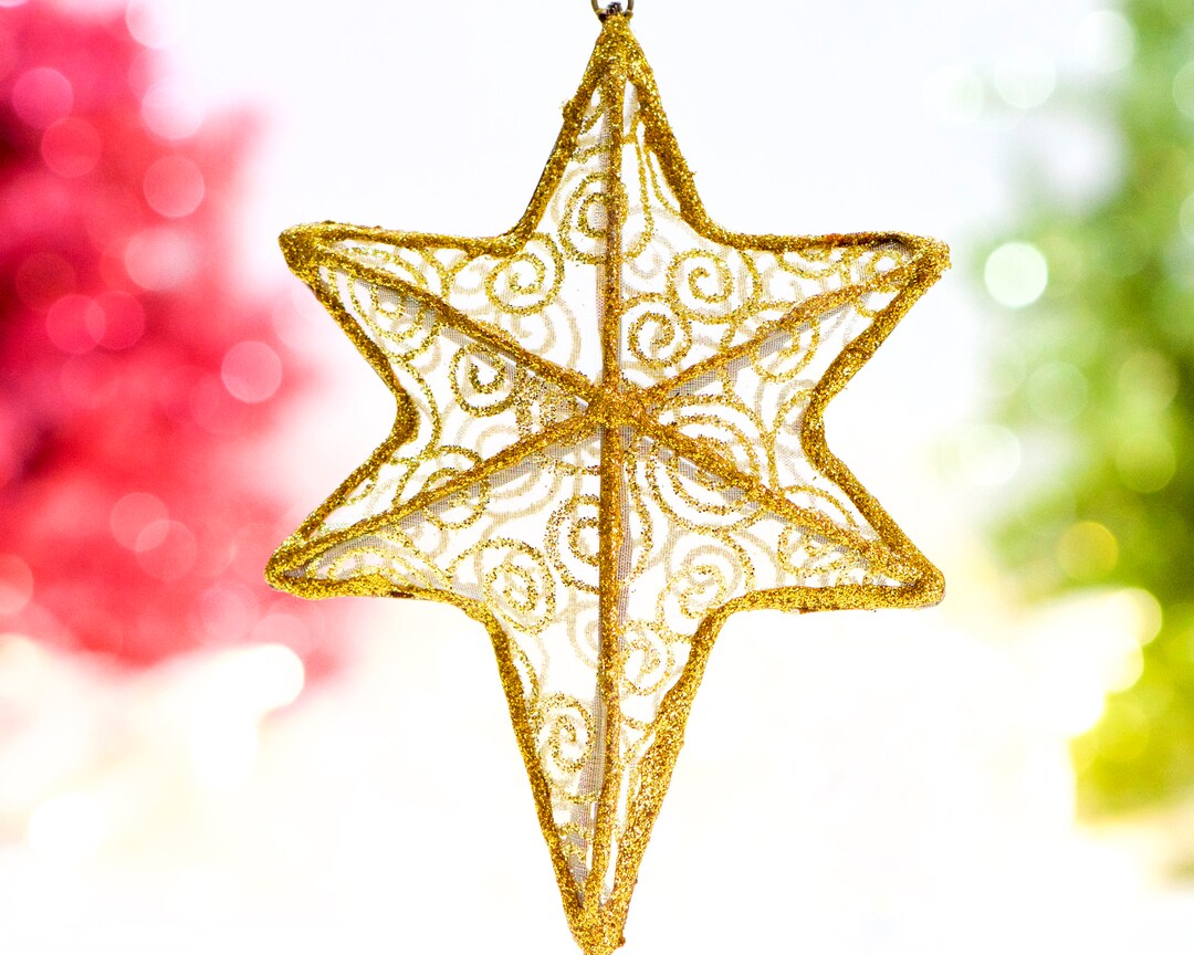 VINTAGE: Wire Gold Glittered Mesh Christmas Star Ornament - Holiday ...