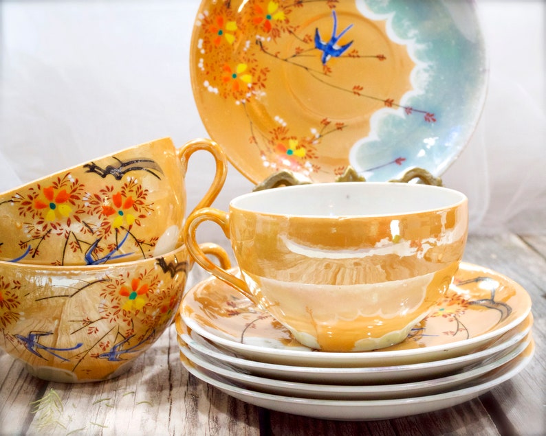 VINTAGE: 4 Sets Hand Painted Lustware Cup and Saucer Japan Hand Painted SKU 32-D-00016768 画像 5