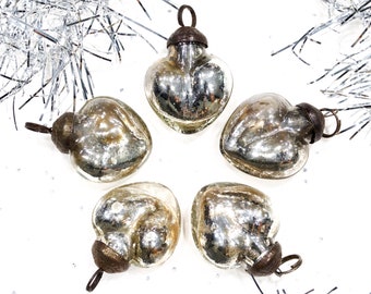 VINTAGE: 5pc Small Aged Mercury Glass Heart Ornaments - Silver Heart Pendants - Kugel Style Christmas Ornaments - SKU OS-176-00032486