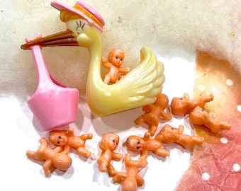 VINTAGE: 13pcs - Stork and Babies Cake Toppers Welcome New Baby Announcement Newborn Arrival Decoration Crafts Pastry Decorations