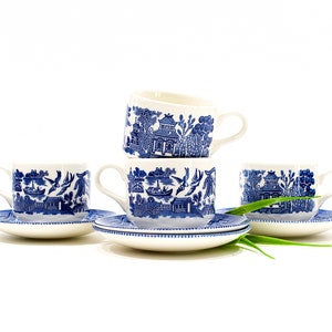 VINTAGE: 4 Sets Churchill China England Blue Willow Cup & Saucer Made in England SKU 22 23-C-00015598 zdjęcie 2