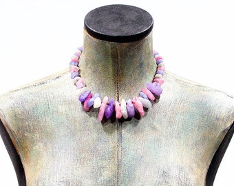 Deadstock VINTAGE: 1970's - Natural Stone Necklace - Pale Pink, Purple, White Stone Necklace - Boho - Hippie - India - SKU 4-B4-00015080