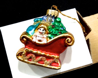 VINTAGE: 1980's - Santa's Sleigh Glittered Glass Ornament - Christmas Ornament - Hand Painted Ornament - (00006341)