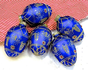 VINTAGE : 5 pièces - Décorations en verre bleu - Décorations de Noël des fêtes décorées à la main - SKU