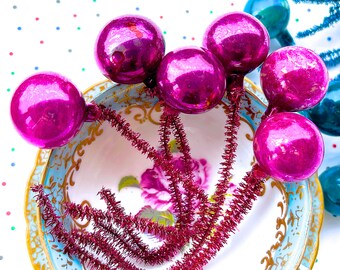 VINTAGE: 6st - Unieke handgeblazen roze glazen bal picks - Kerst bal picks - Glazen stengels - Kerstornament, Corsage, SKU OS-2