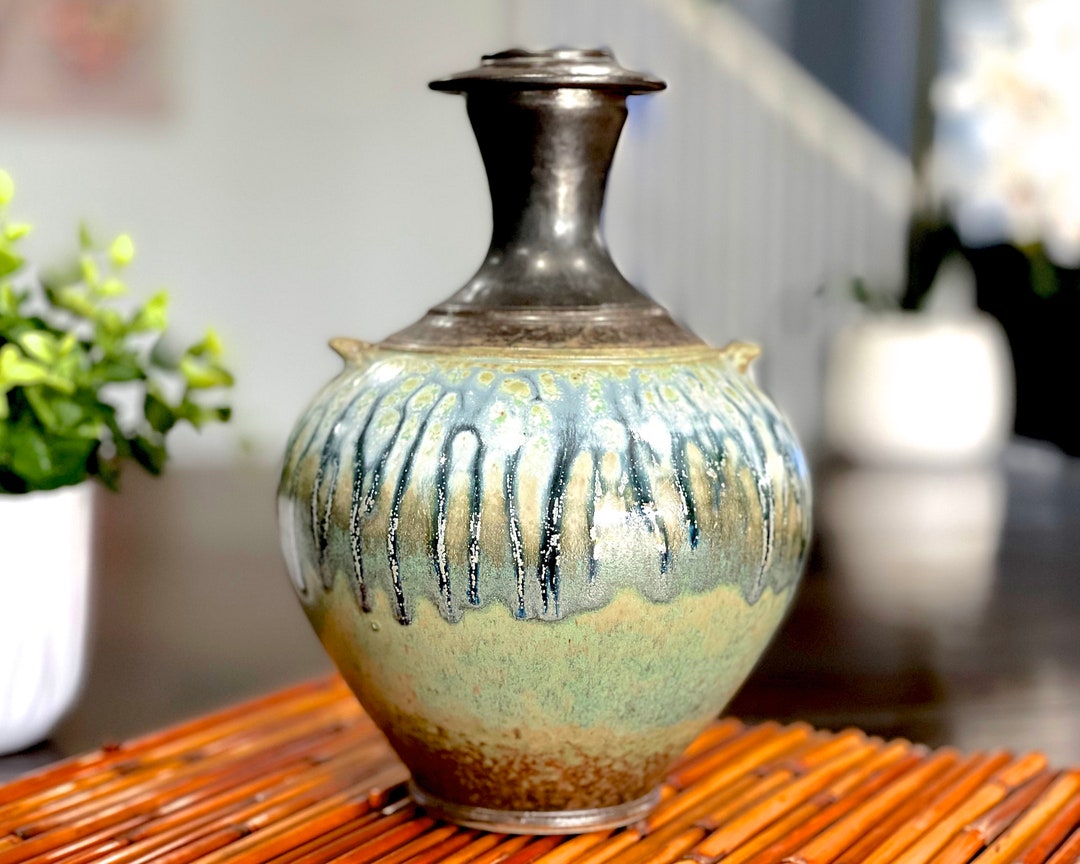 VINTAGE: 9" Signed Studio Drip Glazed Pottery Vase - SKU 00035428 - Etsy
