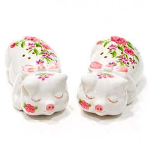 VINTAGE: 1978 - 2 Pig Figurine Potpourri Holder - Made in Brazil by Ceramarte for Avon - Hand Painted Flowers - Shaker - SKU 25-C4-00013760