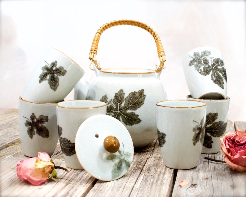 VINTAGE: Japan Crackled Glaze Ceramic Tea set - Cups shops and Teapot, Asian Tea Set - Fall, Autumn, Winter SKU - 32-C-00032677