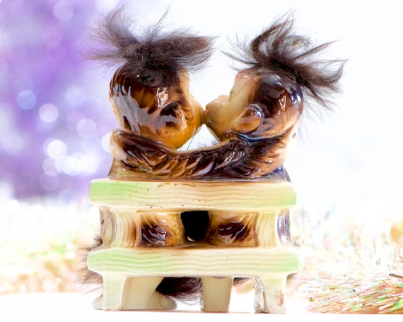 Vintage 1950s Ceramic Kissing Chimps Figurine: Rabbit Fur Hair