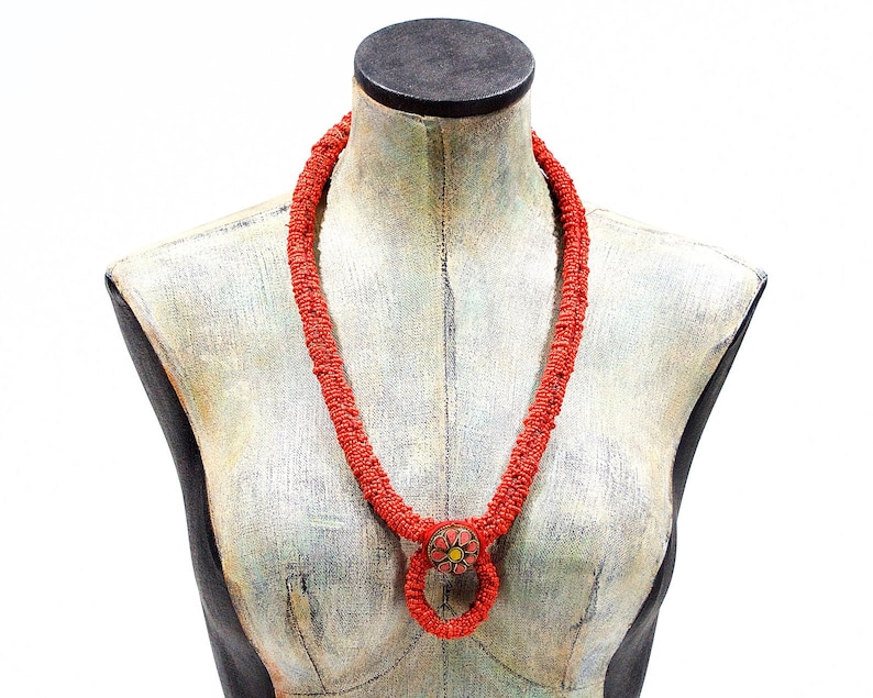 VINTAGE: Large Tibetan Beaded Necklace Handcrafted Red Necklace SKU 4-C5-00005445 image 1