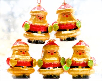 VINTAGE: 4pc - Old Pressed lacquered Bamboo Santa Ornaments - Wooden Christmas Ornament - Santa Clause - SKU Tub-393-00033720