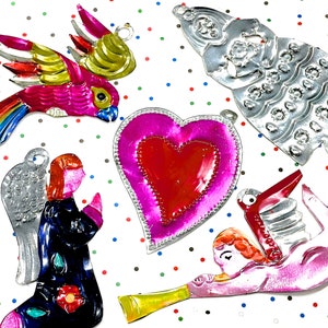 VINTAGE: 5pcs Mexican Folk Art Tin Ornaments Handcrafted Angel Heart Bride Bird Christmas Holiday Mexico Gift Tag image 1