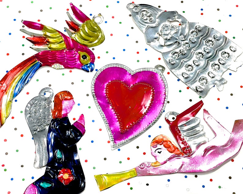 VINTAGE: 5pcs Mexican Folk Art Tin Ornaments Handcrafted Angel Heart Bride Bird Christmas Holiday Mexico Gift Tag image 1