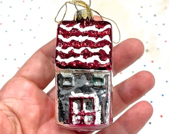 VINTAGE: Thick Glass Figural Small House Ornament -Christmas Ornament - Holiday Decor
