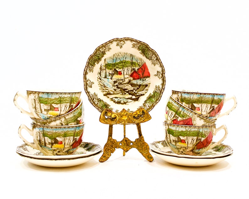 VINTAGE: England Johnson Brothers The Friendly Village Cup and Saucer Set for 6 White Christmas Holidays SKU 24 25-E-00016786 image 1