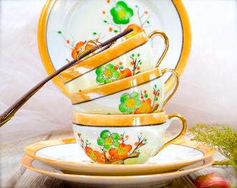 VINTAGE: 3 Sets - Hand Painted Lustware Cup and Saucer - Japan - Hand Painted - SKU 32-D-00032600