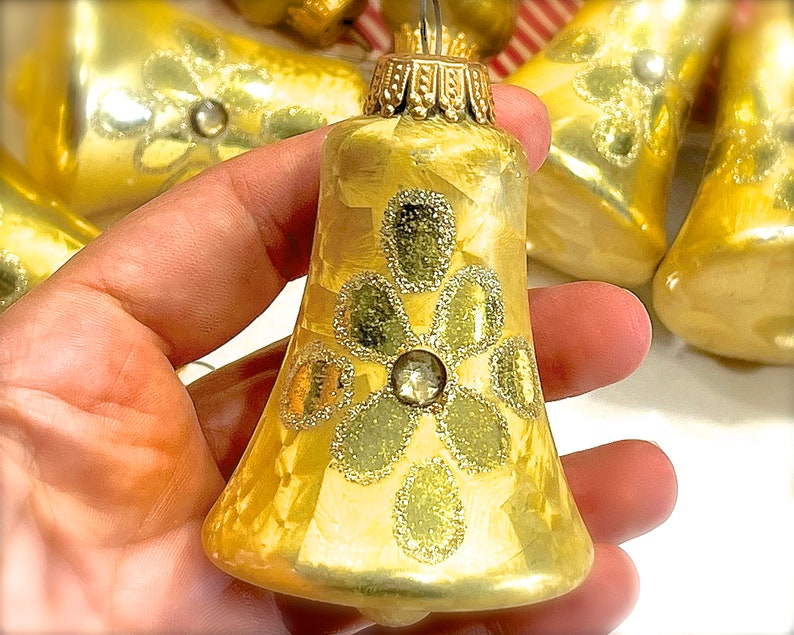 VINTAGE: 11pcs West Germany Brushed Antique Gold Glass Bell Ornaments Christmas Decor Holiday Decor SKU 00035656 image 5