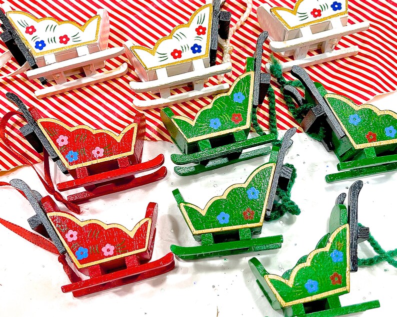 VINTAGE: 9pcs Wooden Sled Ornaments Hand Painted Ornaments Holiday Christmas X Mas image 1
