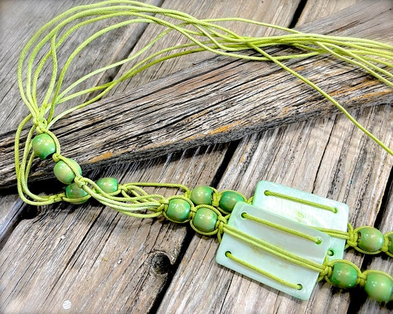 VINTAGE: Macrame String Shell Tie Belt - Green Be… - image 4