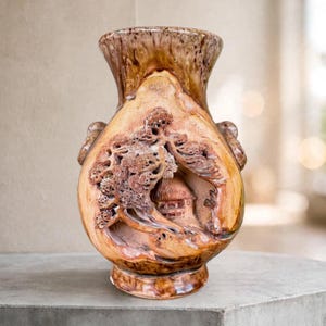 May include: A glazed ceramic vase featuring a warm brown and tan marbled finish. The body displays a detailed relief carving of a landscape with a tree and a small structure. The vase has a wide neck, a flared rim, and two small side handles.