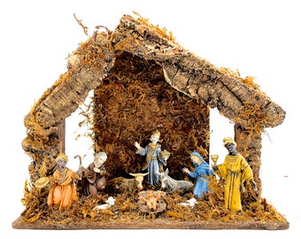 VINTAGE: Italian Nativity Scene - Wood Barn, Natural Bark and Moss Stable - Made in Italy - SKU 26 27-A-00035048