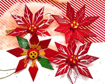 VINTAGE: 4ps - Mexican Wooden Christmas Flower Ornaments - Artisan Hand Painted Ornaments - Feather Tree Ornaments - SKU Tub-400-00034986