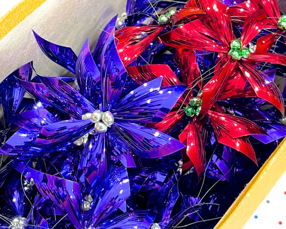 Mercury Ornaments Poinsettia Stems, Vintage Beaded Center, Foil Mylar Flowers - Set Of 2, 3.5