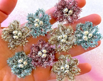 VINTAGE: 6pcs - Mixed Mercury Bead Chenille Flowers - Crafts, Millinery, Corsage, Holiday Decor, Christmas