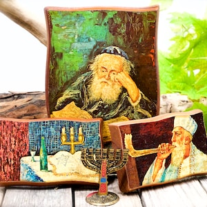 VINTAGE: 4pcs - Wall Prints on Wood, Brass Hanukkah Menorah - Jewish culture, Jewish Art , Jerusalem - SKU 22 23-A-00032657