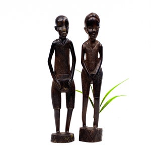 VINTAGE: Pair of Large 14.5 African Wood Figurines Playing Drums Hand Carved Traditional Figurines SKU 22-E-00015785 image 1