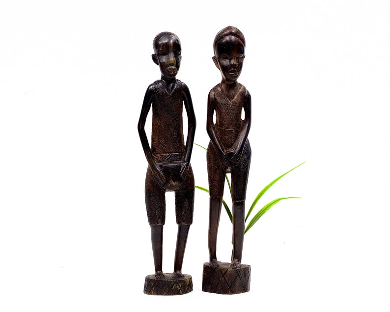 VINTAGE: Pair of Large 14.5 African Wood Figurines Playing Drums Hand Carved Traditional Figurines SKU 22-E-00015785 image 1