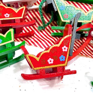 VINTAGE: 9pcs Wooden Sled Ornaments Hand Painted Ornaments Holiday Christmas X Mas image 4