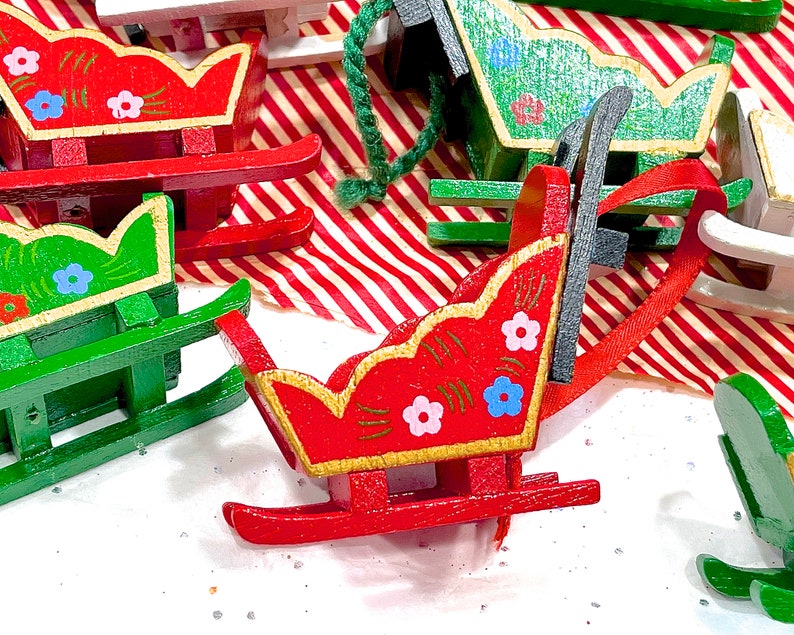VINTAGE: 9pcs Wooden Sled Ornaments Hand Painted Ornaments Holiday Christmas X Mas image 4