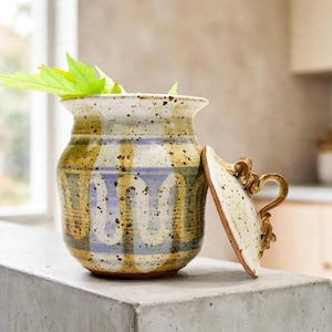 May include: A ceramic jar with a speckled cream glaze featuring vertical wavy stripes in shades of blue and yellow. The jar has a matching lid with a decorative handle resting beside it, and a bright green leaf is placed inside the opening.
