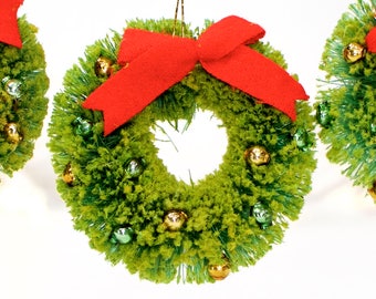 VINTAGE: 3 Small Old Chenille Wreath Ornaments with Mercury Beads - Pipe Cleaner Wreath - Feather Tree Ornaments - SKU 25-C5-00011406