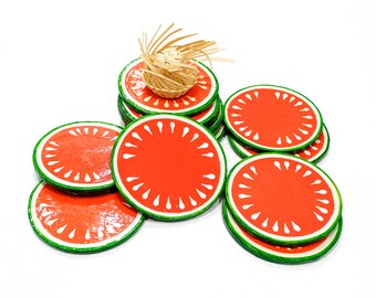 VINTAGE: 6 Mexican Orange Coasters - Hand Painted Folk Art Mexican Artisan - Picnic - Table Decor - Fruits - Kitchen - Bar - SKU os-164