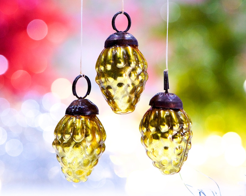 VINTAGE: 5pc Small Thick Mercury Glass Pinecone Ornaments Kugel Style Christmas Ornaments Heavy Glass SKU os-177-00031428