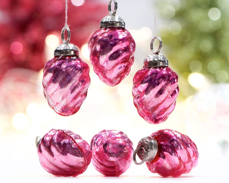 VINTAGE: 5pc Small Thick Mercury Pink Ornaments Mid Weight Kugel Style Ornaments Unique Find SKU os-256 image 1