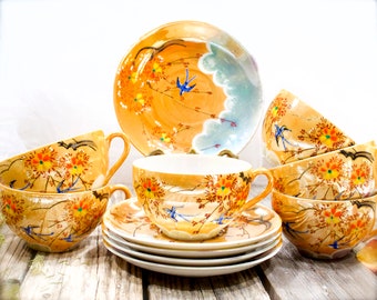 VINTAGE: 4 Sets - Hand Painted Lustware Cup and Saucer - Japan - Hand Painted - SKU 32-D-00016768