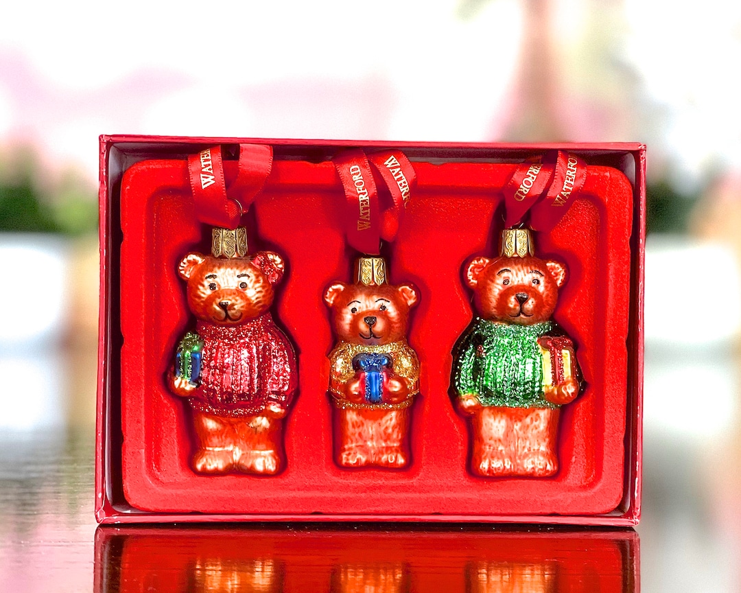 VINTAGE Waterford Holiday Heirlooms Three Teddy Bears Ornaments in Box