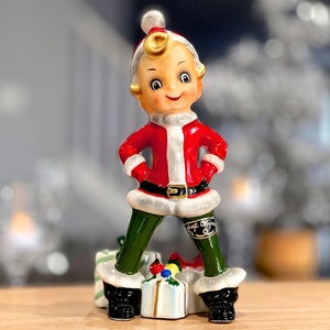 VINTAGE: RARE Josef Originals Christmas Elf Pixie Santa Suit Guarding Present Gifts Made in Japan Holidays SKU 26 27-A-00040213 image 3