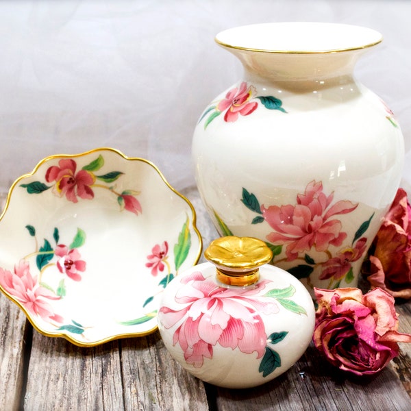 VINTAGE: 1980s - Lenox Barrington Fine Porcelain Pink Floral Vase, Jewelry Dish, Perfume Bottle - Fine Porcelain - SKU 22-D-00032547